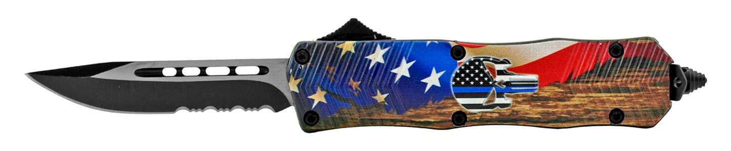 4.75" Mighty Mini OTF Punisher Skull - Traditional American Skull Thin Blue Police