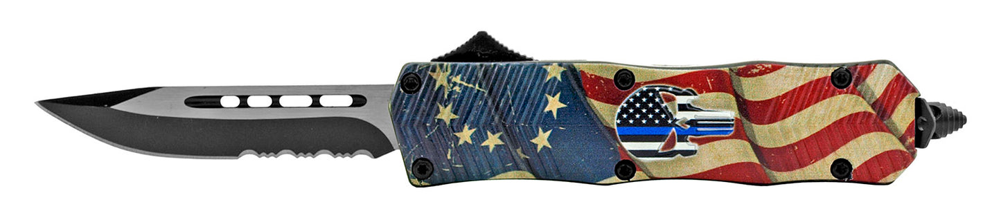4.75" Mighty Mini OTF Punisher Skull - Betsy Ross Skull Thin Blue Line
