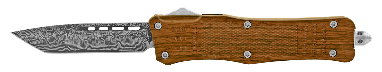 5.75" Wood Looking Handle OTF Damascus Tanto - Silver