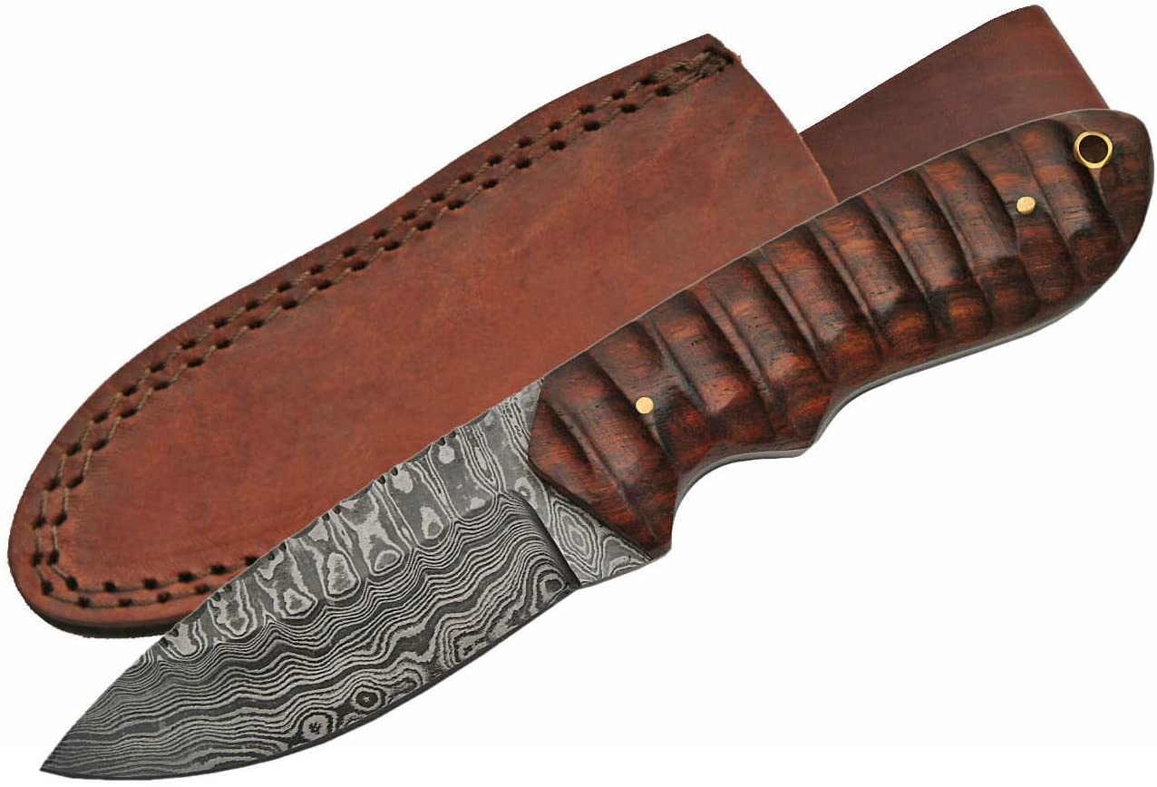 8.5" HANDMADE DAMASCUS GROOVED WOOD SKINNER