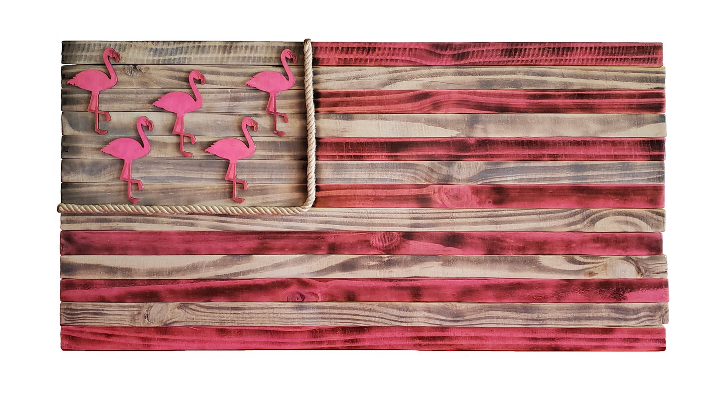 Pink Flamingo Wooden American Flag
