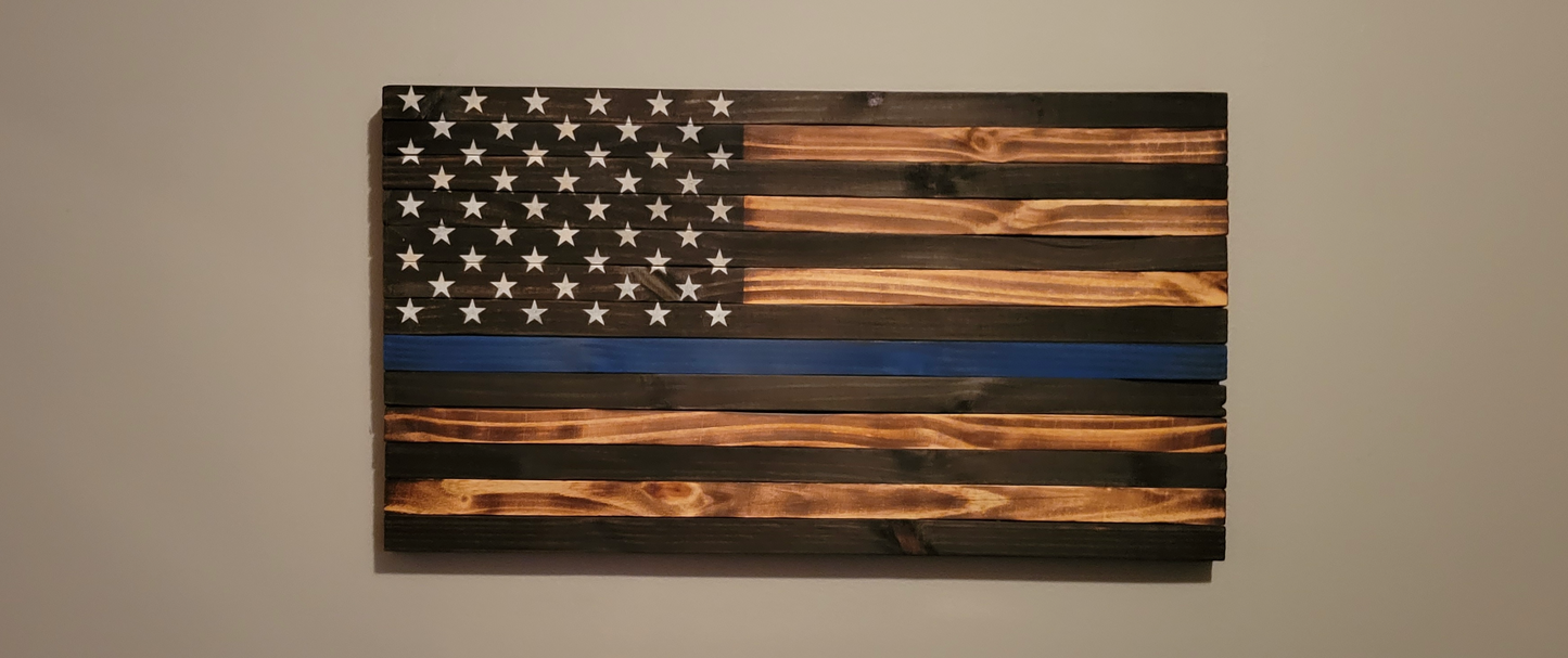 Police Wooden American Flag with Blue Line