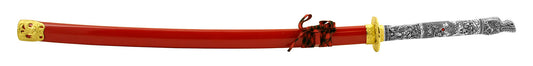 Samurai Sword with Detailed Dragon Handle in Black and White - Red