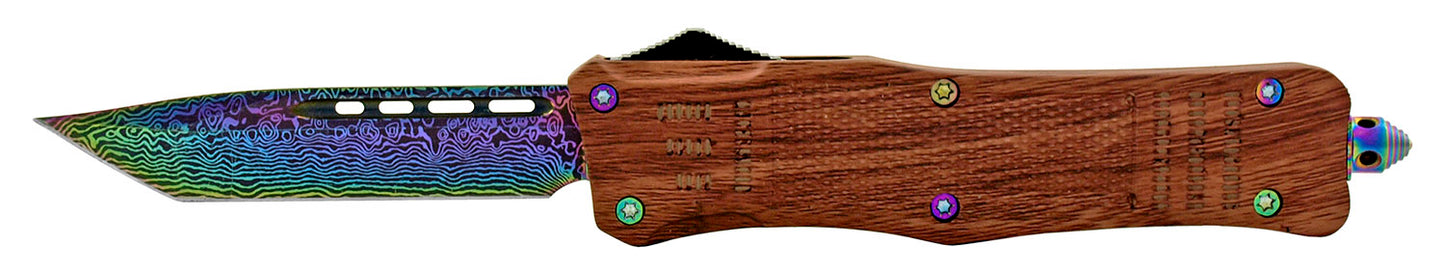 5.75" Wood Looking Handle OTF Damascus Tanto - Multi Color