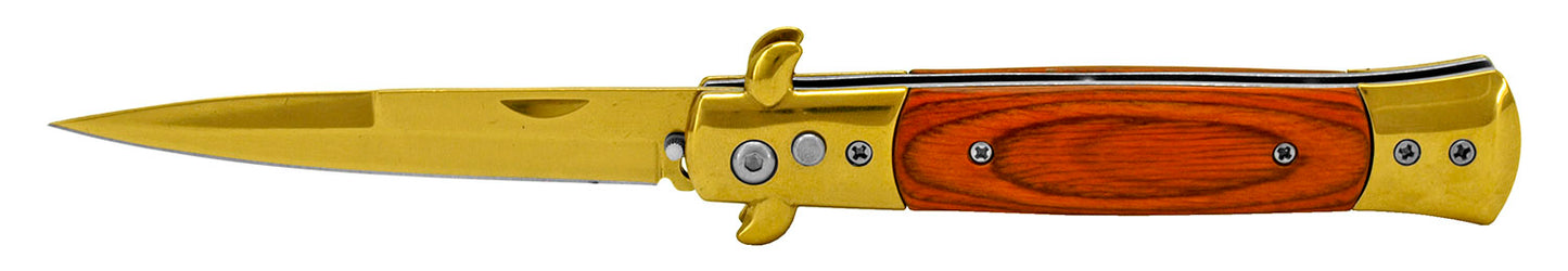 5" Push Button Automatic Switchblade Wood - Gold