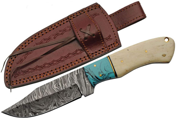 8.25" HANDMADE DAMASCUS TURQUOISE/BONE HUNTER