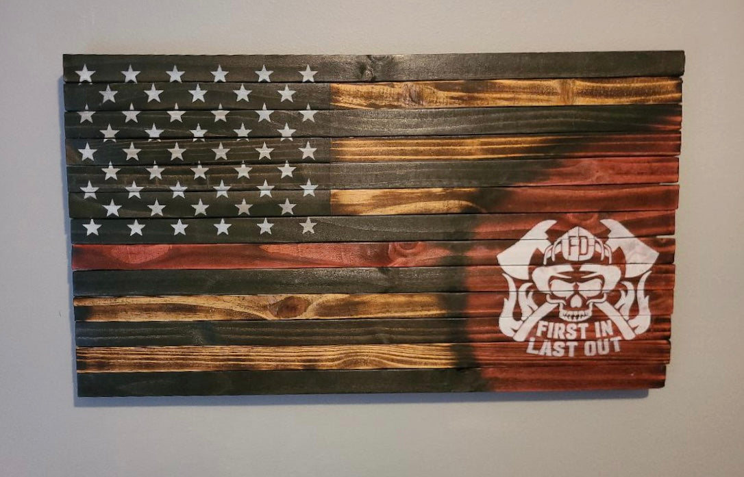 Firefighter Wooden American Flag with Red Line