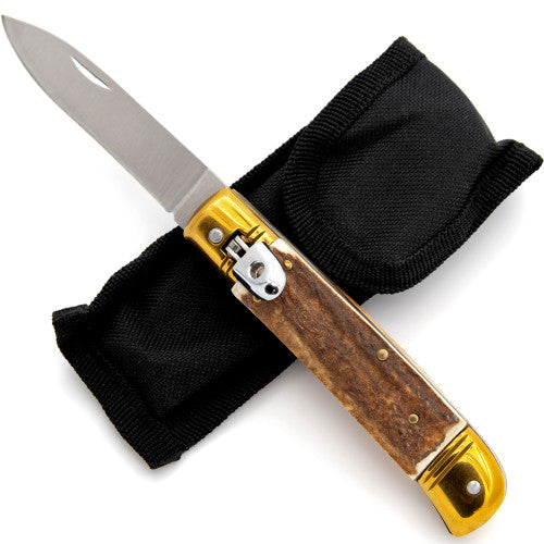 Automatic Lever Lock Staghorn Handle Knife