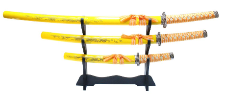 3 Piece Japanese Samurai Katana Sword Set - Yellow