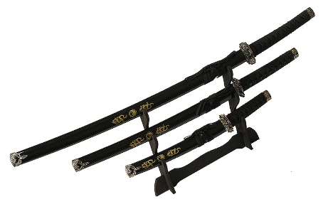 3 Piece Ying Yang Symbol Samurai Katana Sword Set - Black