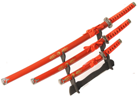 3 Piece Ying Yang Symbol Samurai Katana Sword Set - Red