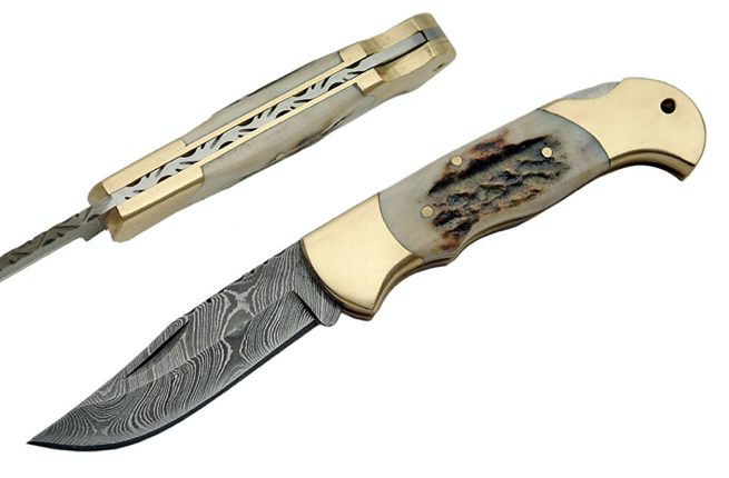 4.25" HANDMADE DAMASCUS STAG CURVED BOLSTER FOLDER