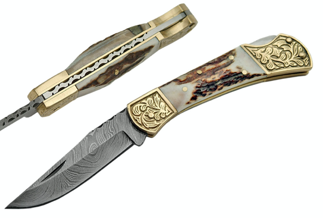 4.25" HANDMADE DAMASCUS ENGRAVED BOLSTER STAG FOLDER