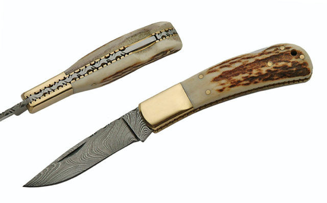 4" HANDMADE DAMASCUS STAG LOCKBACK FOLDER