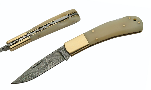 4" HANDMADE BONE DAMASCUS LOCKBACK FOLDER