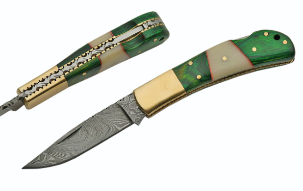 4" HANDMADE DAMASCUS GREEN WOOD AND BONE FOLDER