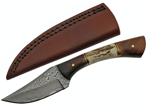7” HANDMADE DAMASCUS STAG/WOOD SKINNER