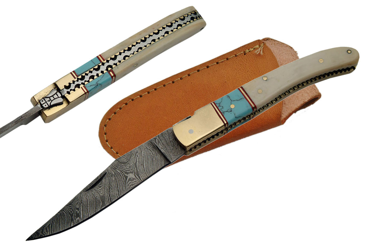4.5" HANDMADE DAMASCUS TURQUOISE AND BONE FOLDER