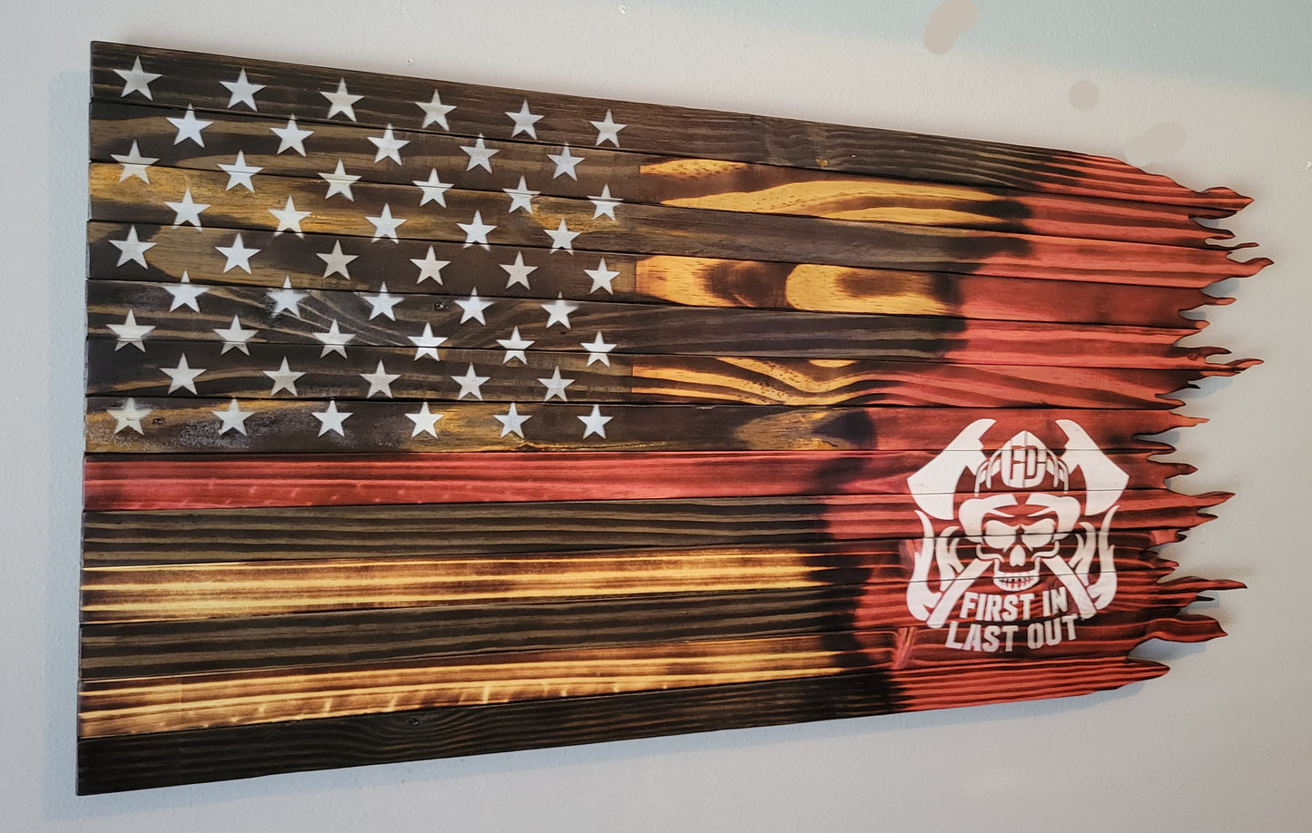 Firefighter "First In Last Out" Wooden American Flag with Jagged Edge
