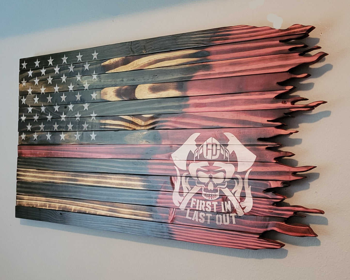 Firefighter "First In Last Out" Wooden American Flag with Jagged Edge