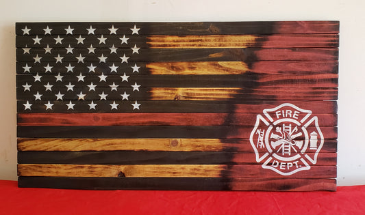 Firefighter Wooden American Flag with Red Line