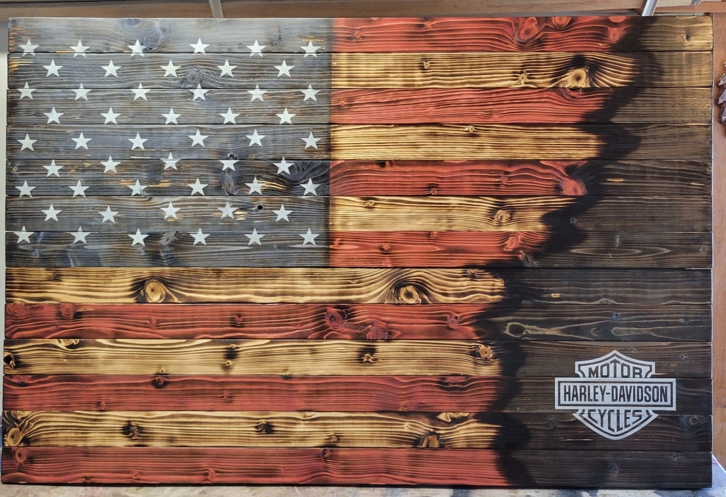 Large 5'x3' Harley Davidson Wooden American Flag