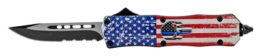 4.75" Mighty Mini OTF Punisher Skull - American Flag Skull Thin Blue Line