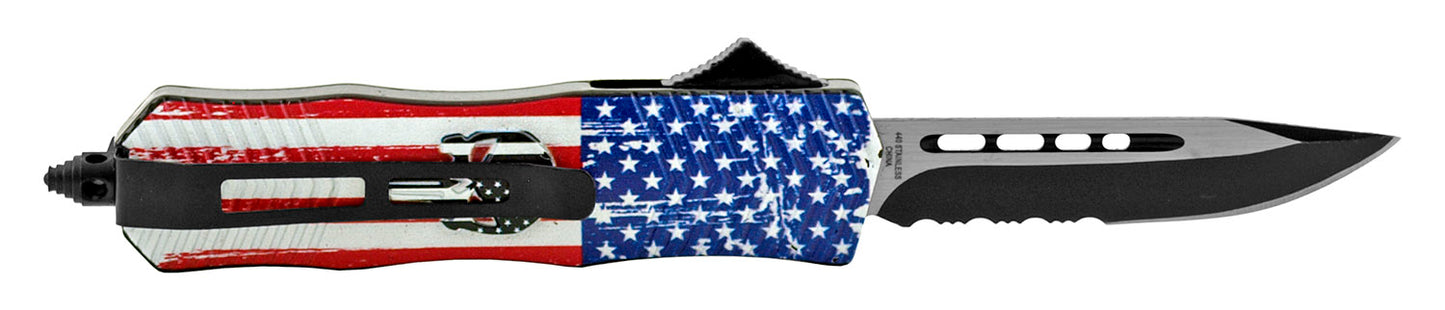 4.75" Mighty Mini OTF Punisher Skull - American Flag Skull Thin Blue Line