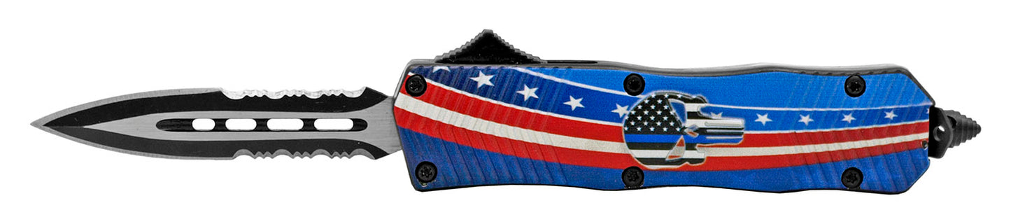 4.13" Pocket Size OTF American Punisher Skull - Blue with American Flag