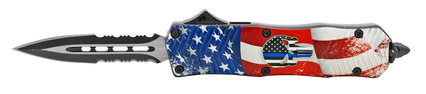 4.13" Pocket Size OTF American Punisher Skull - American Flag