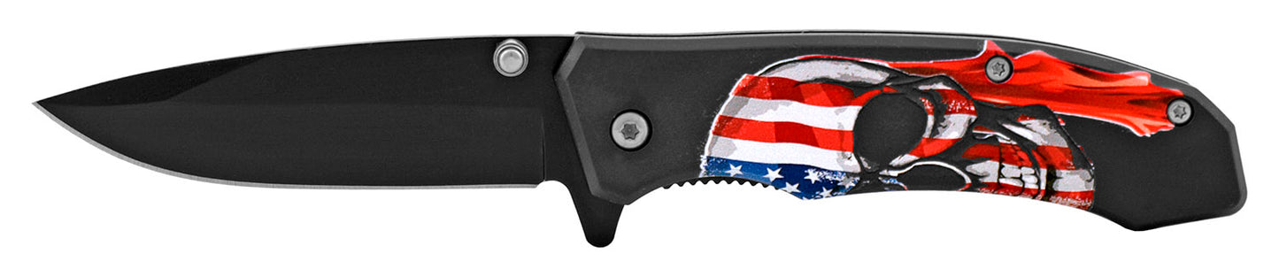 4" Classic Style Spring Assisted Pocket Knife - Patriotic Skull