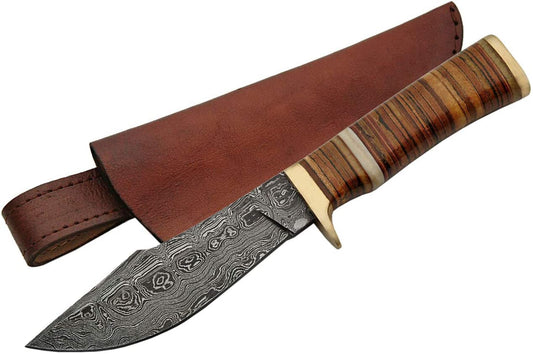 9.5" HANDMADE DAMASCUS LEATHER STACKED BOWIE