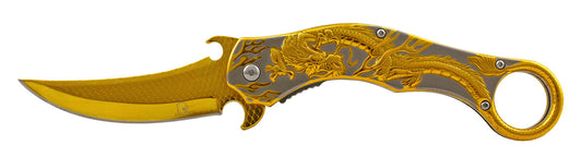 5.5" Heavy Duty Dragon Karambit Style Spring Assisted - Gold