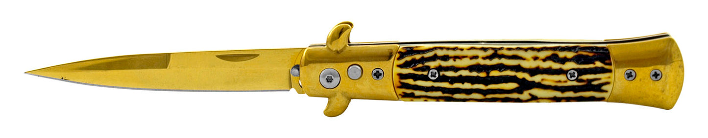 5" Push Button Automatic Switchblade  Faux Bone Handle - Gold