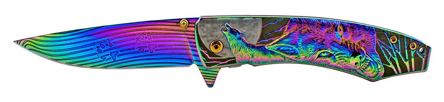 4.75" Embossed Wolf Spring Assisted - Multi Color