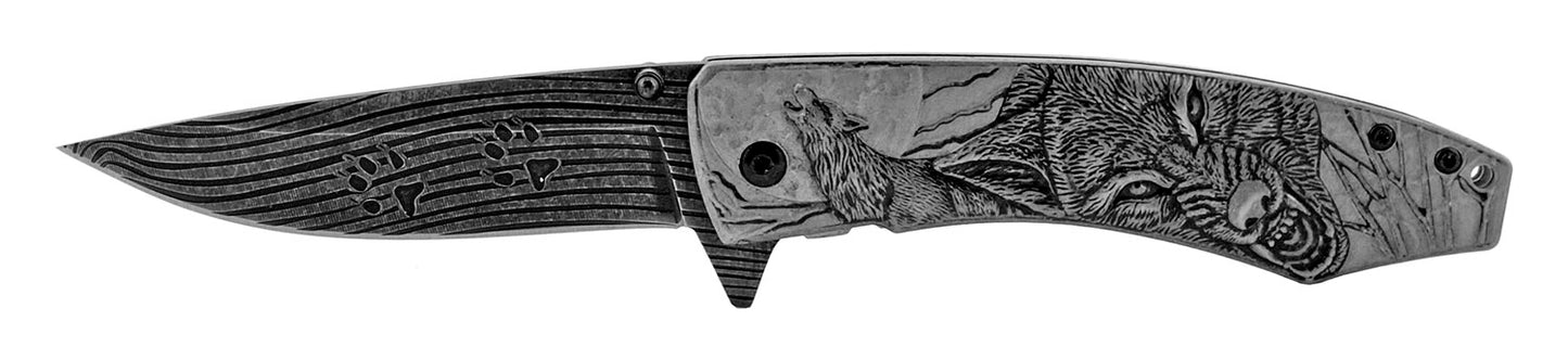 4.75" Embossed Wolf Spring Assisted - Black