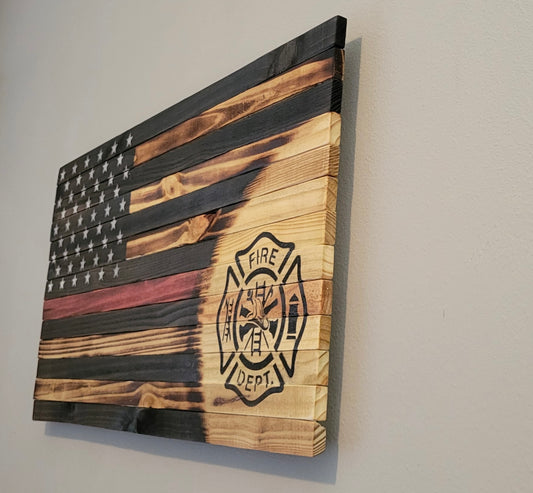 Firefighter Wooden American Flag with Red Line