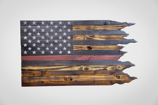 Firefighter Wooden American Flag with Red Line and Jagged Edge
