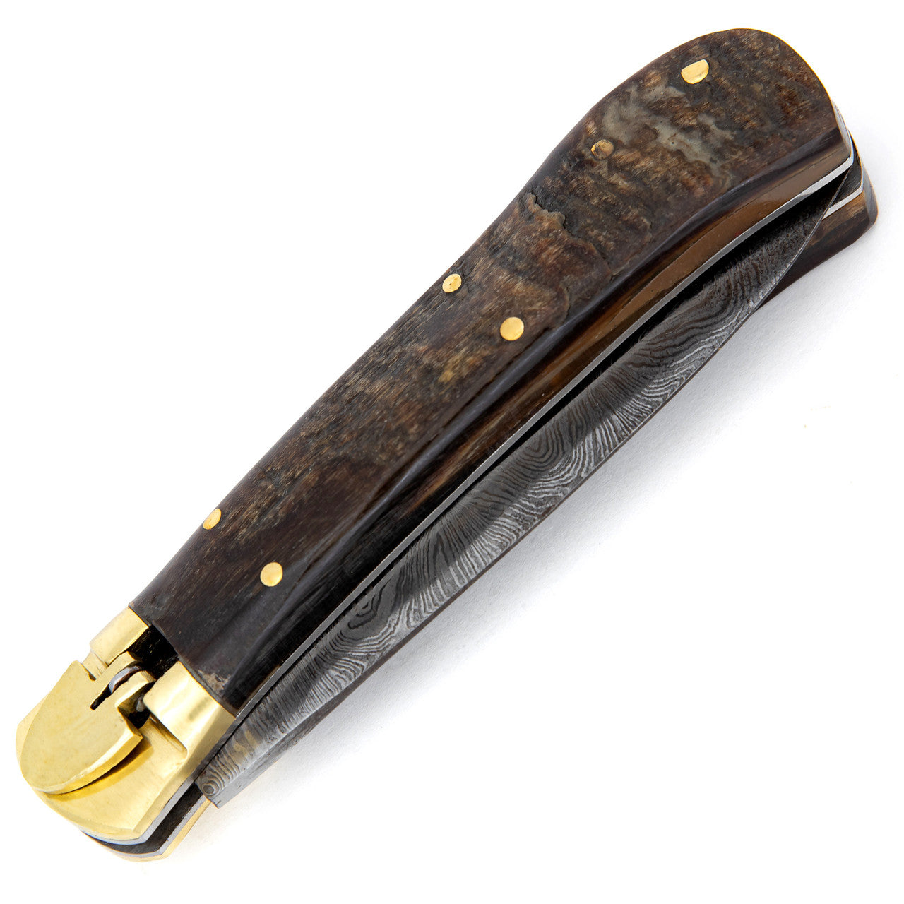 Ridges and Valleys Ram Horn Handle Damascus Lever Lock Automatic Knife