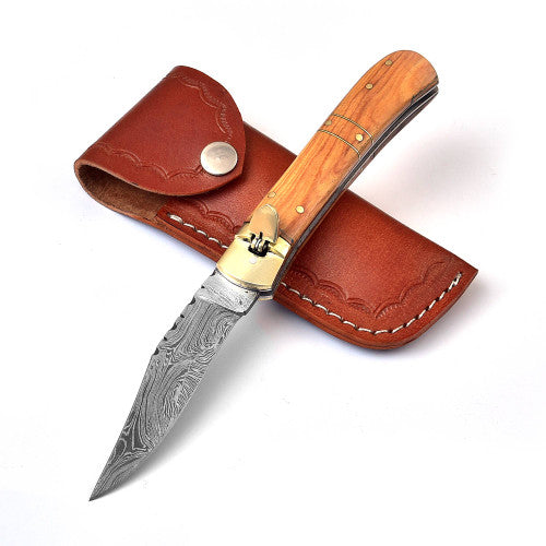 Land of Behemoths Automatic Damascus Lever Lock Knife