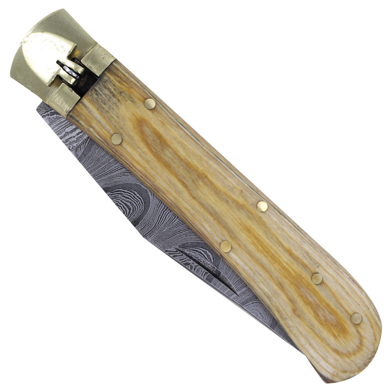 Wooden Halo Damascus Automatic Switchblade Lever Lock Knife