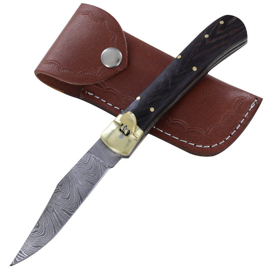 Dark Wood Lullaby Damascus Automatic Switchblade Lever Lock Knife