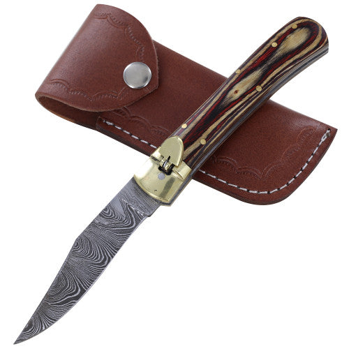 Cinnamon and Cayenne Damascus Automatic Switchblade Lever Lock Knife