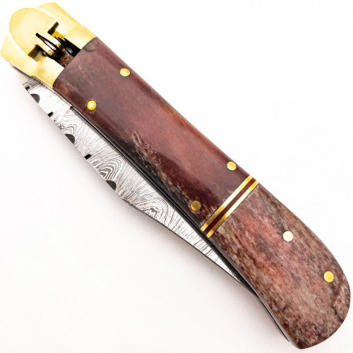 Bleeding Sky Damascus Automatic Switchblade Lever Lock Knife