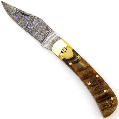 Familiar Hills Automatic Damascus Steel Ram Horn Pocket Lever Lock Knife