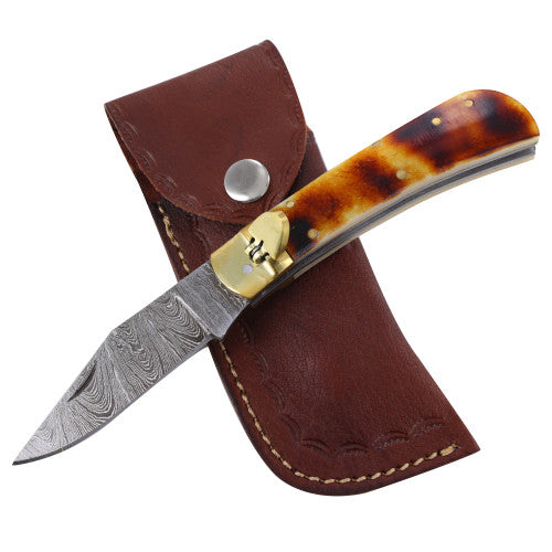 Marked by Fire Damascus Steel Automatic Lever Lock Knife