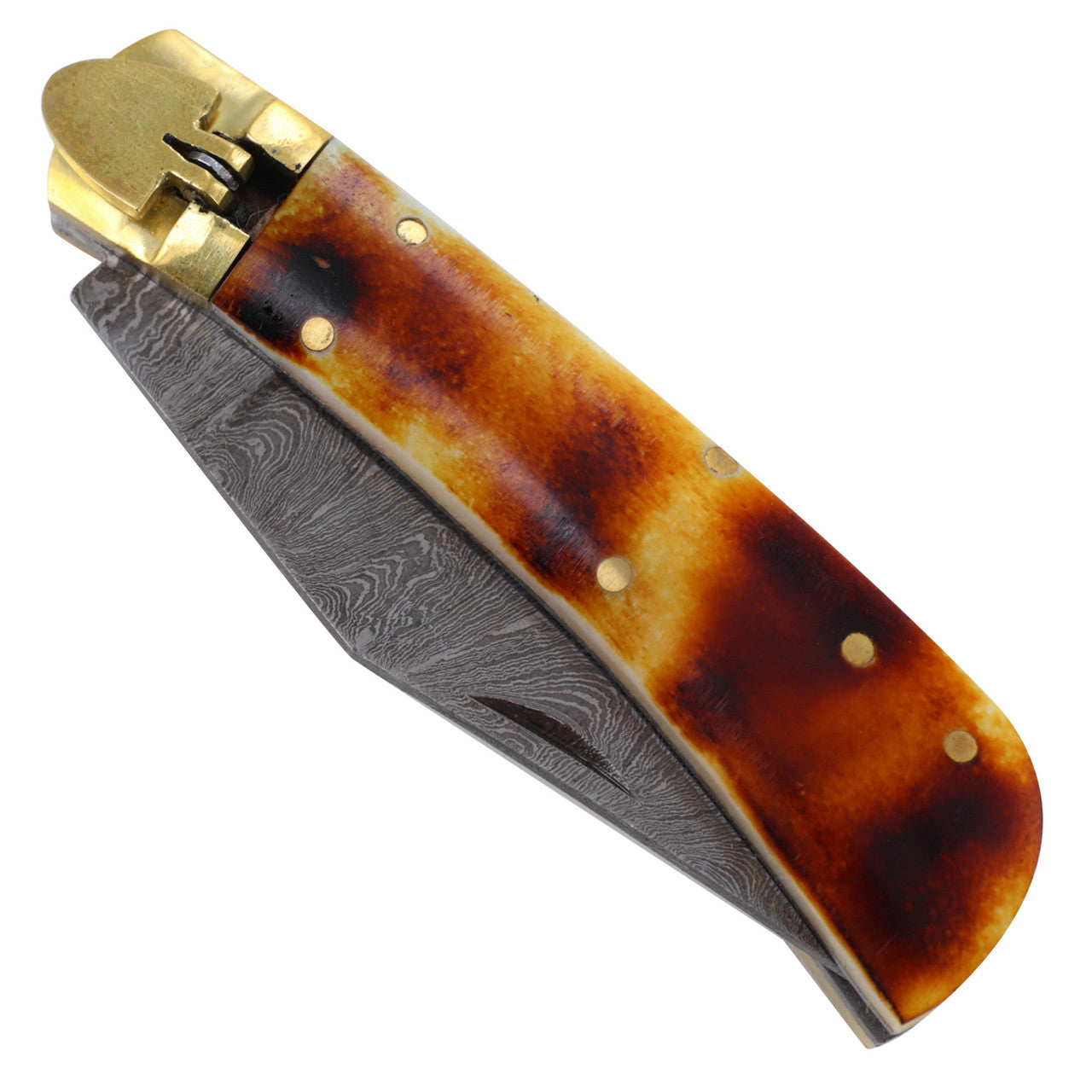 Marked by Fire Damascus Steel Automatic Lever Lock Knife