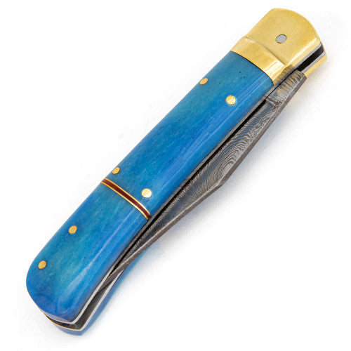 Lever Lock Ventura Blue Damascus Steel Knife