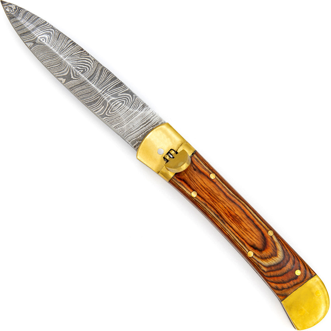 Damascus Great Red Wood Lever Automatic Knife