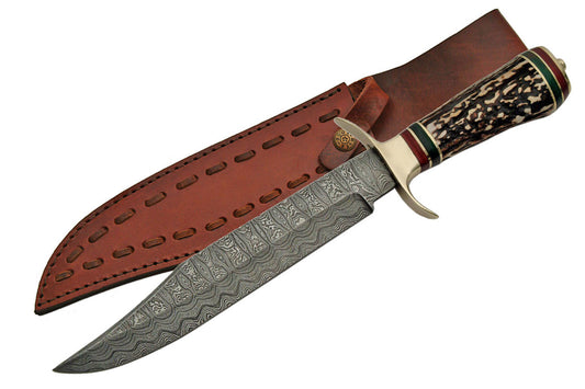 13.5" HANDMADE DAMASCUS RED STAG BOWIE